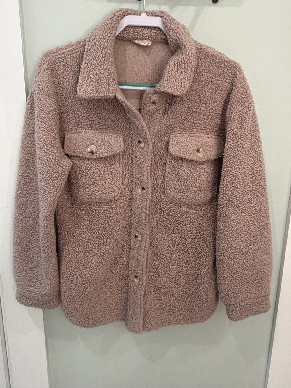 Plush Teddy Sherpa Shacket Hem & Thread - Mauve Neutral Pink Beige